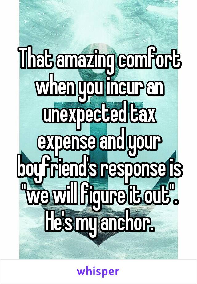 That amazing comfort when you incur an unexpected tax expense and your boyfriend's response is "we will figure it out". He's my anchor.