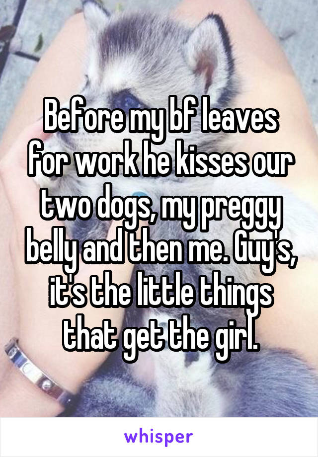 Before my bf leaves for work he kisses our two dogs, my preggy belly and then me. Guy's, it's the little things that get the girl.