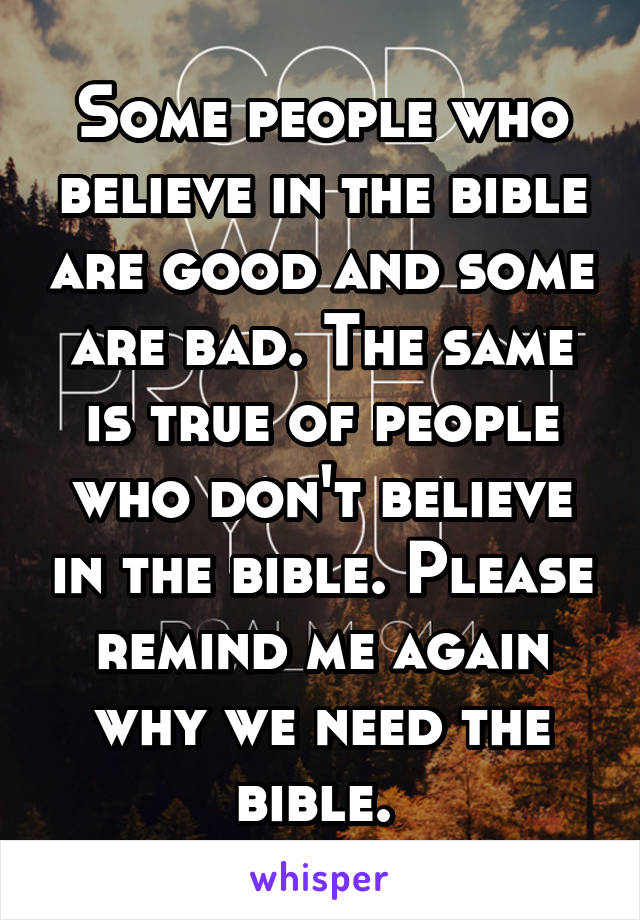 Some people who believe in the bible are good and some are bad. The same is true of people who don't believe in the bible. Please remind me again why we need the bible. 