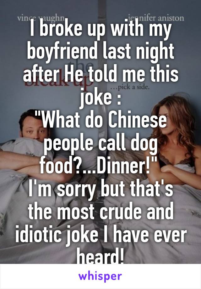 I broke up with my boyfriend last night after He told me this joke :
"What do Chinese people call dog food?...Dinner!" 
I'm sorry but that's the most crude and idiotic joke I have ever heard!