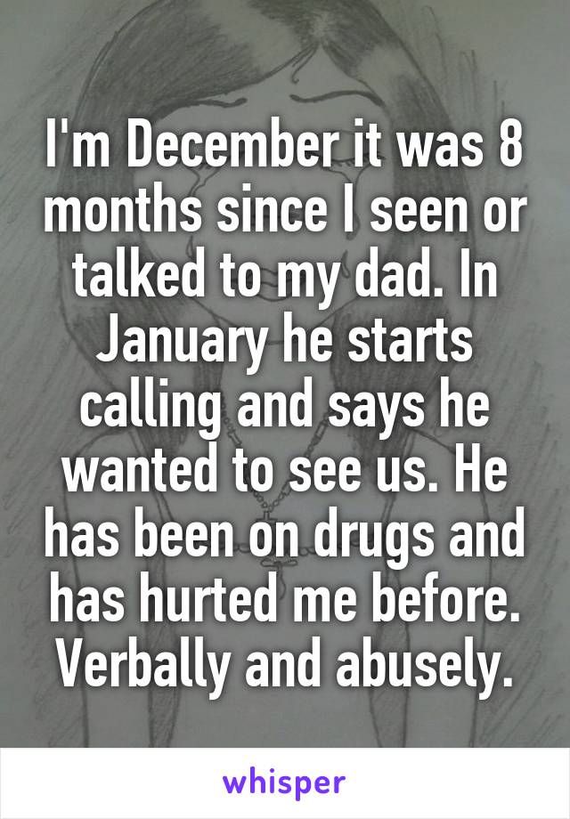 I'm December it was 8 months since I seen or talked to my dad. In January he starts calling and says he wanted to see us. He has been on drugs and has hurted me before. Verbally and abusely.