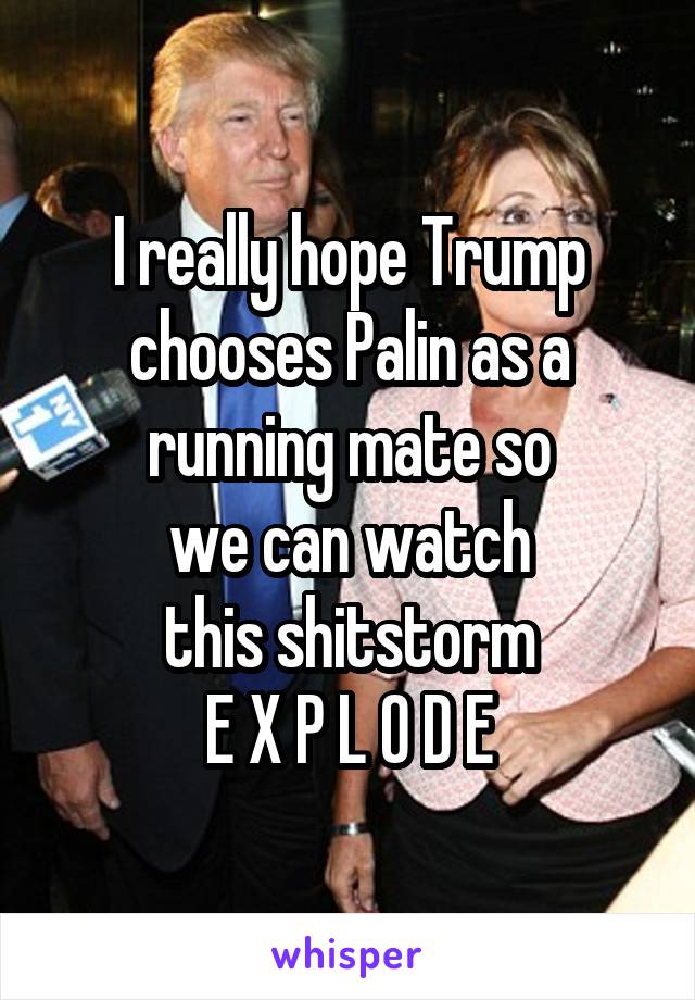 I really hope Trump chooses Palin as a running mate so
we can watch
this shitstorm
E X P L O D E