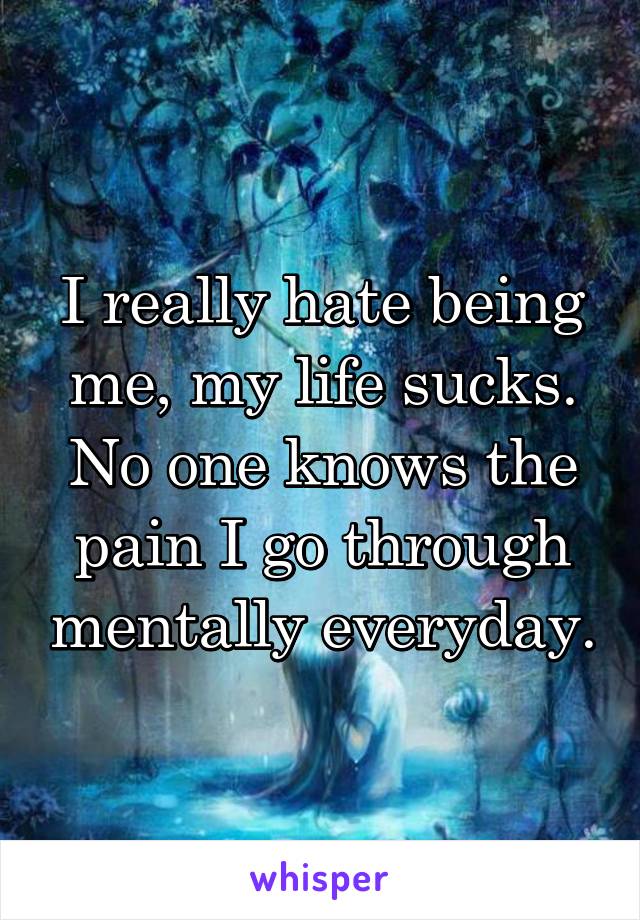 I really hate being me, my life sucks. No one knows the pain I go through mentally everyday.