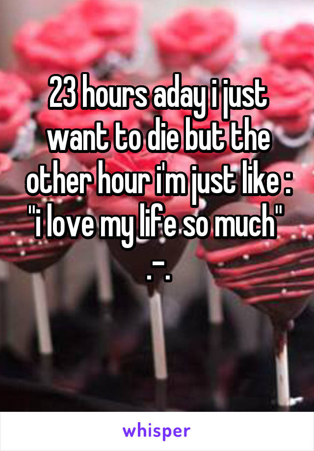 23 hours aday i just want to die but the other hour i'm just like : "i love my life so much" 
.-.

