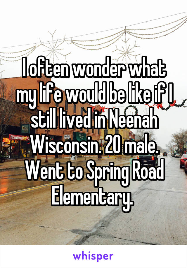 I often wonder what my life would be like if I still lived in Neenah Wisconsin. 20 male. Went to Spring Road Elementary. 