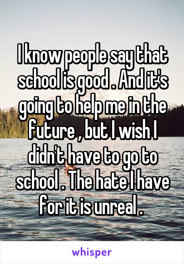 I know people say that school is good . And it's going to help me in the future , but I wish I didn't have to go to school . The hate I have for it is unreal . 