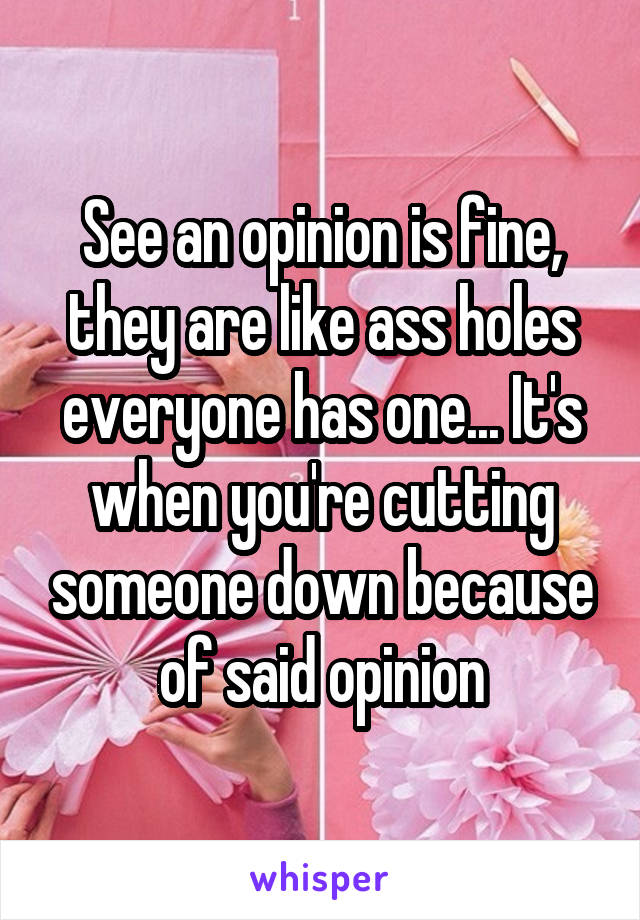 See an opinion is fine, they are like ass holes everyone has one... It's when you're cutting someone down because of said opinion