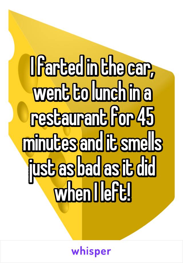 I farted in the car, went to lunch in a restaurant for 45 minutes and it smells just as bad as it did when I left!