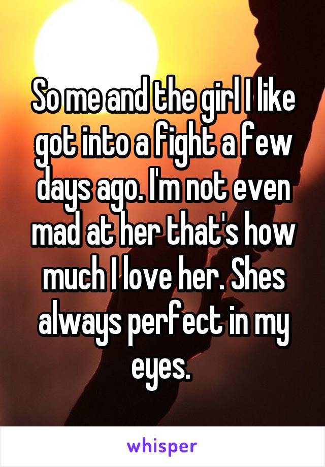 So me and the girl I like got into a fight a few days ago. I'm not even mad at her that's how much I love her. Shes always perfect in my eyes. 