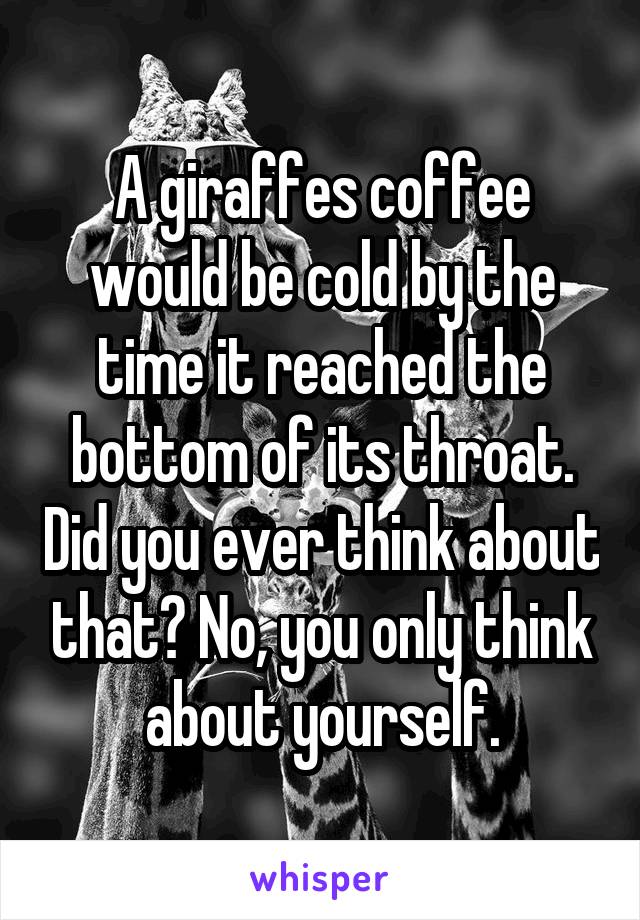 A giraffes coffee would be cold by the time it reached the bottom of its throat. Did you ever think about that? No, you only think about yourself.