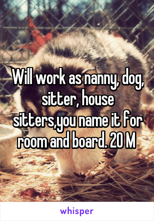 Will work as nanny, dog, sitter, house sitters,you name it for room and board. 20 M 