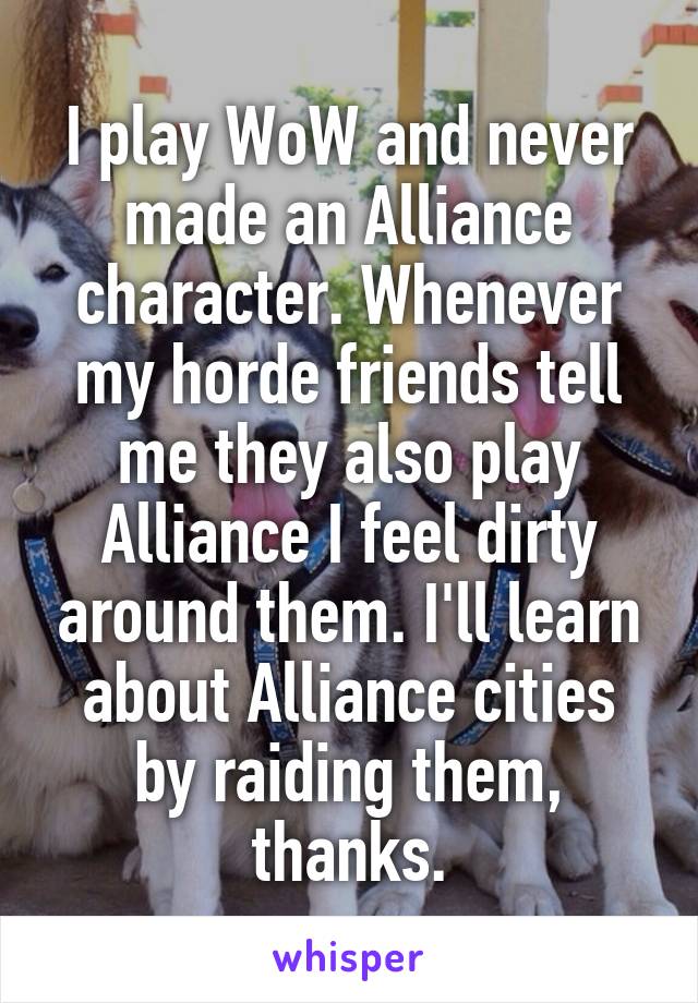 I play WoW and never made an Alliance character. Whenever my horde friends tell me they also play Alliance I feel dirty around them. I'll learn about Alliance cities by raiding them, thanks.