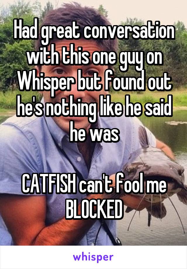 Had great conversation with this one guy on Whisper but found out he's nothing like he said he was

CATFISH can't fool me BLOCKED
