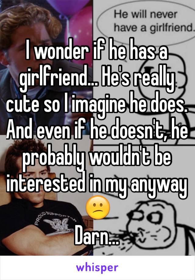 I wonder if he has a girlfriend... He's really cute so I imagine he does. And even if he doesn't, he probably wouldn't be interested in my anyway 😕
Darn...