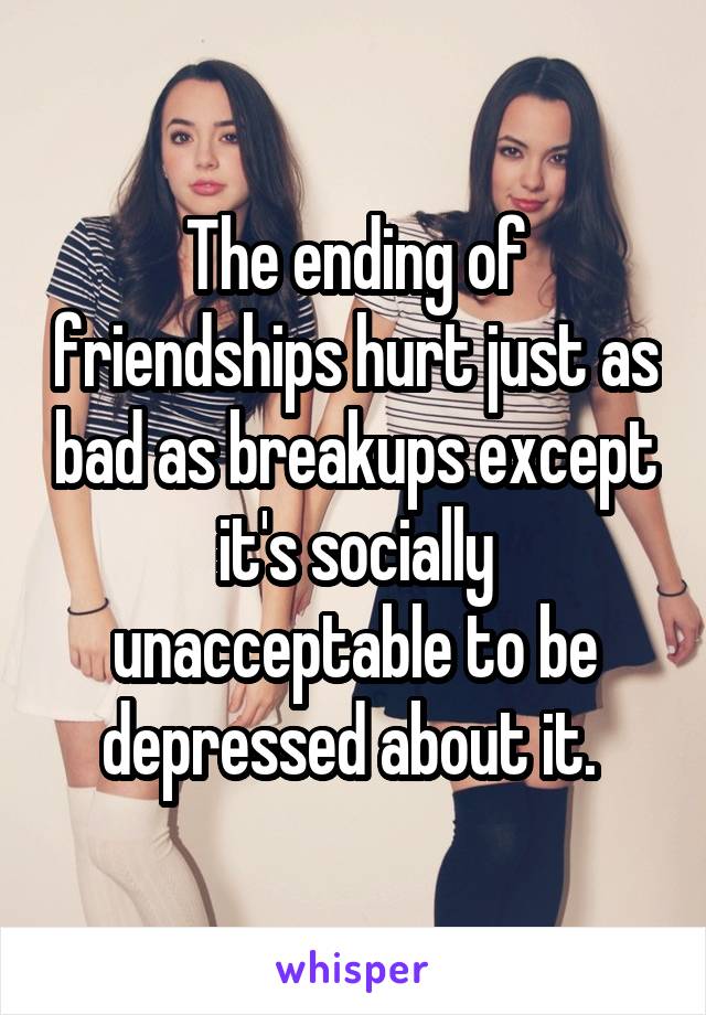 The ending of friendships hurt just as bad as breakups except it's socially unacceptable to be depressed about it. 