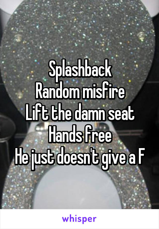 Splashback
Random misfire
Lift the damn seat
Hands free
He just doesn't give a F