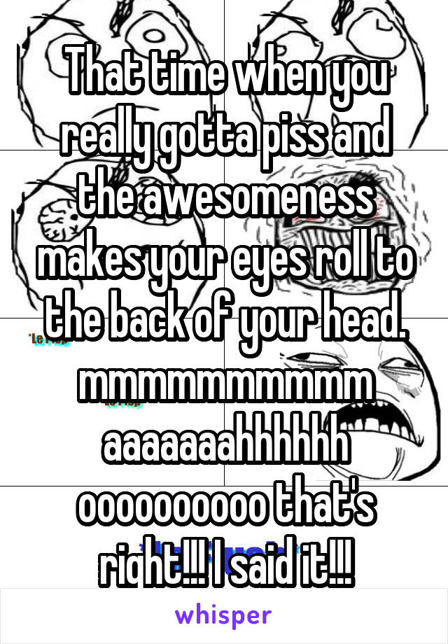 That time when you really gotta piss and the awesomeness makes your eyes roll to the back of your head. mmmmmmmmmm aaaaaaahhhhhh oooooooooo that's right!!! I said it!!!