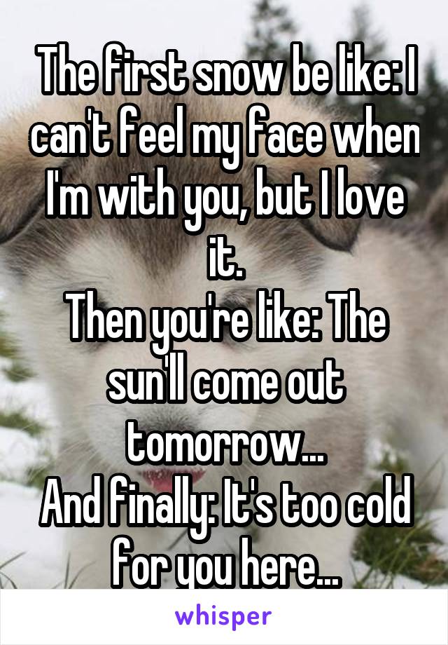 The first snow be like: I can't feel my face when I'm with you, but I love it.
Then you're like: The sun'll come out tomorrow...
And finally: It's too cold for you here...