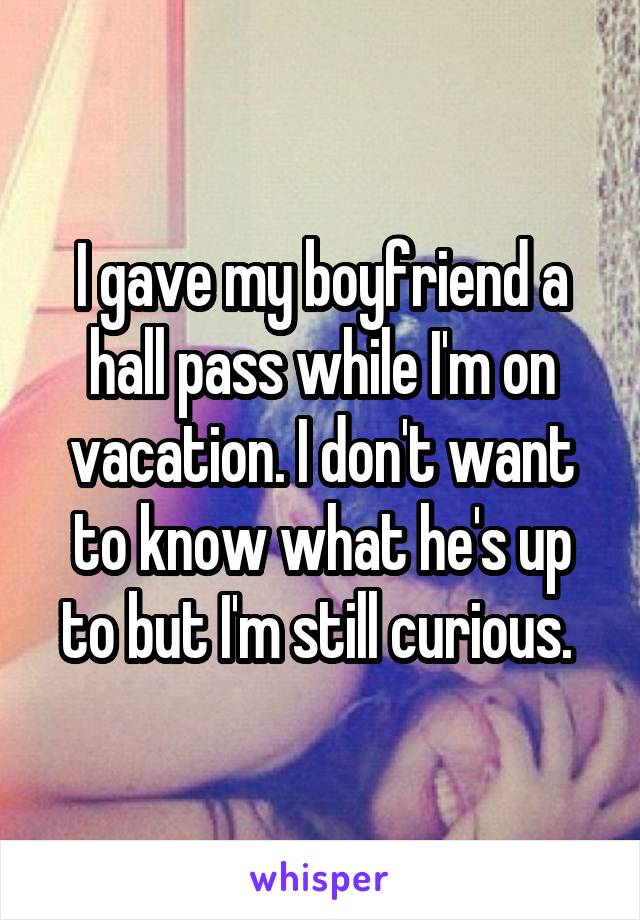 I gave my boyfriend a hall pass while I'm on vacation. I don't want to know what he's up to but I'm still curious. 