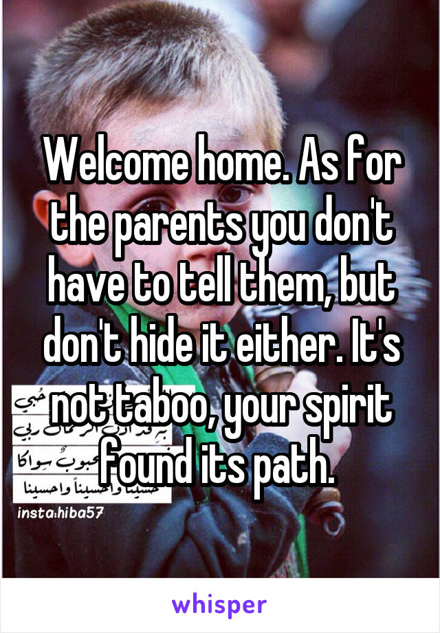 Welcome home. As for the parents you don't have to tell them, but don't hide it either. It's not taboo, your spirit found its path. 