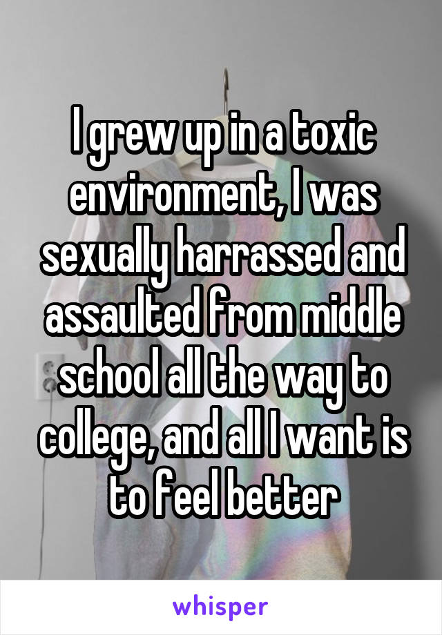 I grew up in a toxic environment, I was sexually harrassed and assaulted from middle school all the way to college, and all I want is to feel better