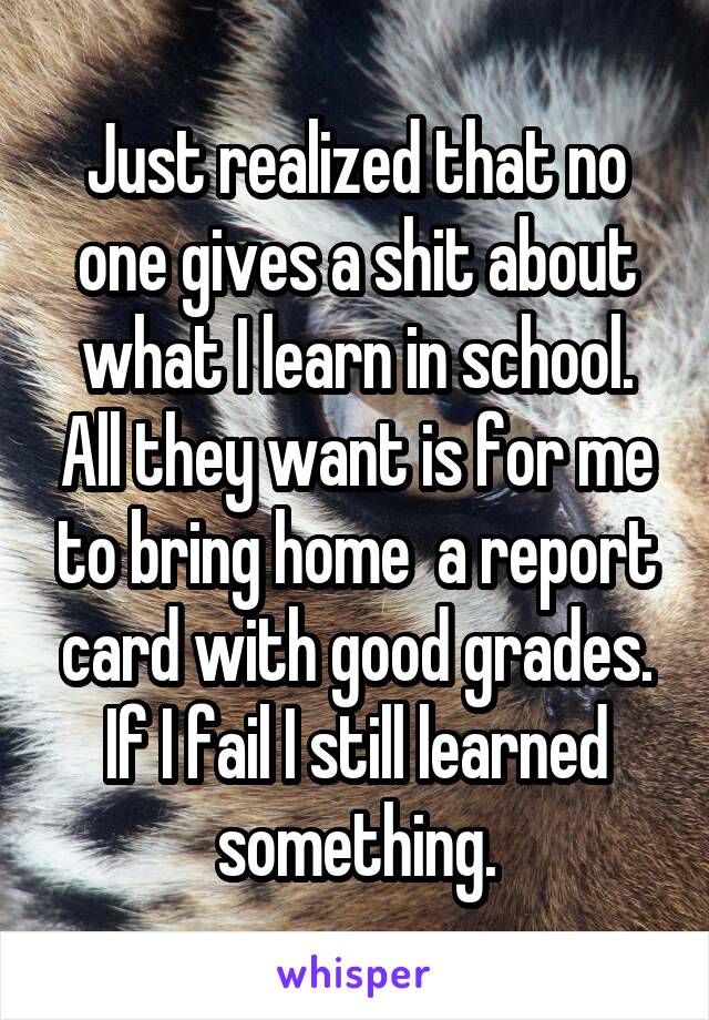 Just realized that no one gives a shit about what I learn in school. All they want is for me to bring home  a report card with good grades. If I fail I still learned something.