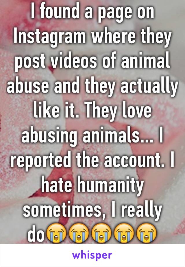 I found a page on Instagram where they post videos of animal abuse and they actually like it. They love abusing animals... I reported the account. I hate humanity sometimes, I really do😭😭😭😭😭