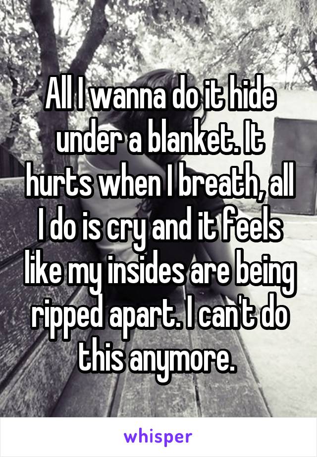 All I wanna do it hide under a blanket. It hurts when I breath, all I do is cry and it feels like my insides are being ripped apart. I can't do this anymore. 
