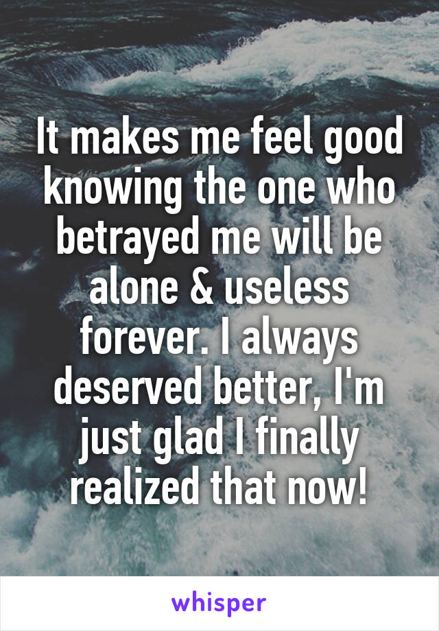 It makes me feel good knowing the one who betrayed me will be alone & useless forever. I always deserved better, I'm just glad I finally realized that now!
