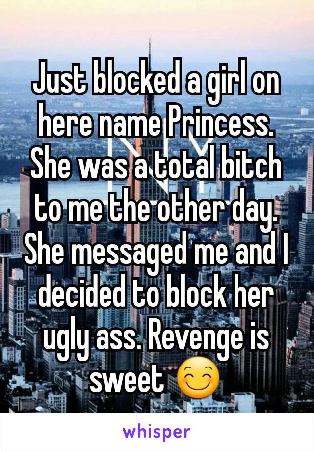 Just blocked a girl on here name Princess. She was a total bitch to me the other day. She messaged me and I decided to block her ugly ass. Revenge is sweet 😊