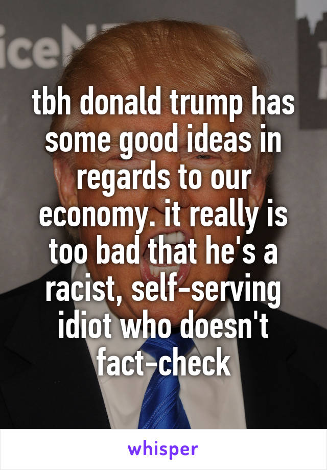 tbh donald trump has some good ideas in regards to our economy. it really is too bad that he's a racist, self-serving idiot who doesn't fact-check