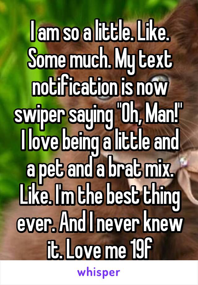 I am so a little. Like. Some much. My text notification is now swiper saying "Oh, Man!" 
I love being a little and a pet and a brat mix. Like. I'm the best thing ever. And I never knew it. Love me 19f