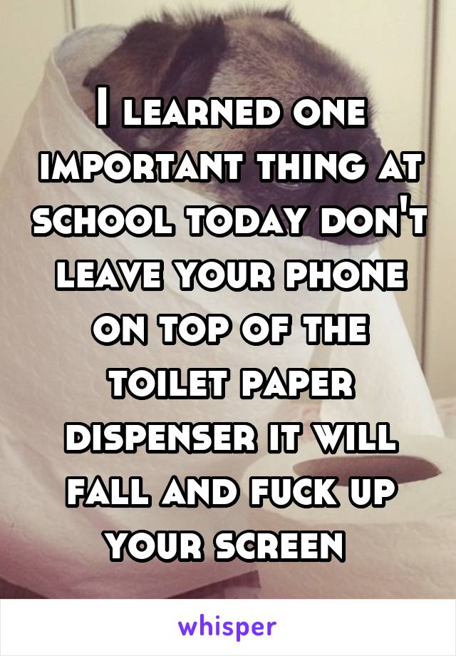 I learned one important thing at school today don't leave your phone on top of the toilet paper dispenser it will fall and fuck up your screen 