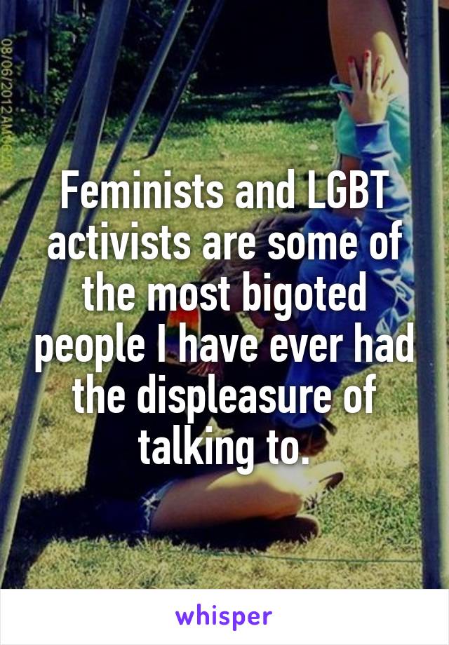 Feminists and LGBT activists are some of the most bigoted people I have ever had the displeasure of talking to.