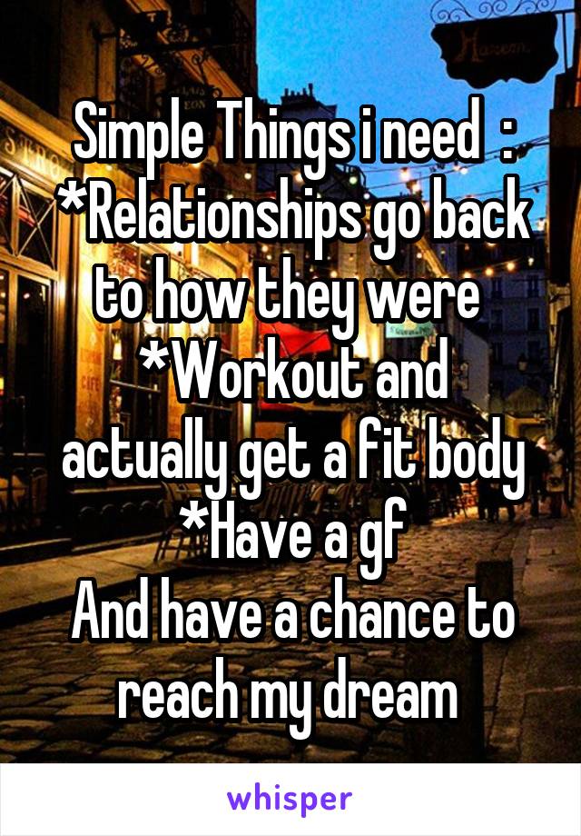 Simple Things i need  :
*Relationships go back to how they were 
*Workout and actually get a fit body
*Have a gf
And have a chance to reach my dream 