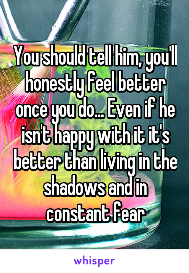 You should tell him, you'll honestly feel better once you do... Even if he isn't happy with it it's better than living in the shadows and in constant fear