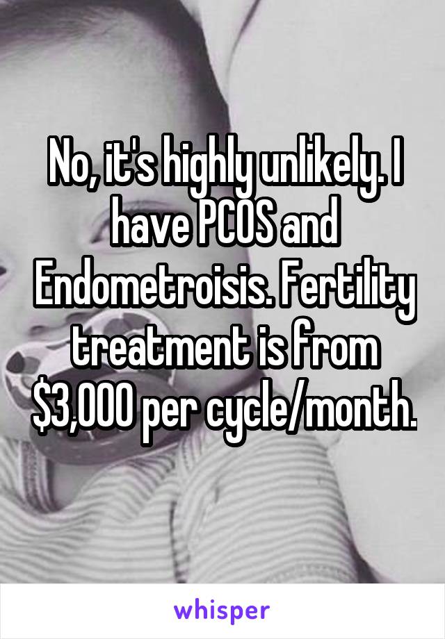 No, it's highly unlikely. I have PCOS and Endometroisis. Fertility treatment is from $3,000 per cycle/month. 