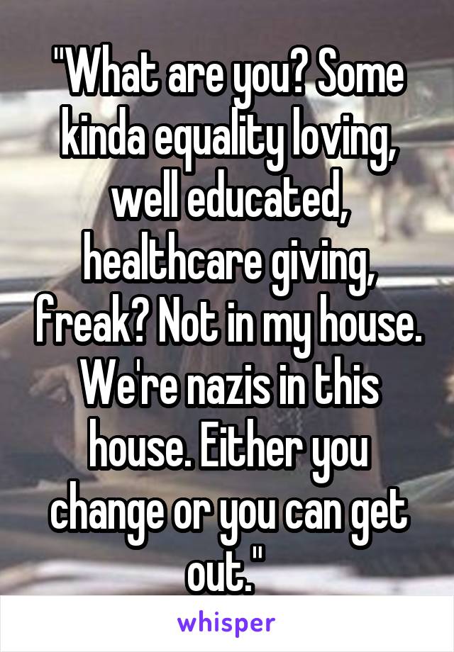 "What are you? Some kinda equality loving, well educated, healthcare giving, freak? Not in my house. We're nazis in this house. Either you change or you can get out." 