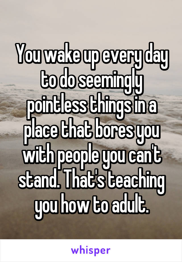 You wake up every day to do seemingly pointless things in a place that bores you with people you can't stand. That's teaching you how to adult.