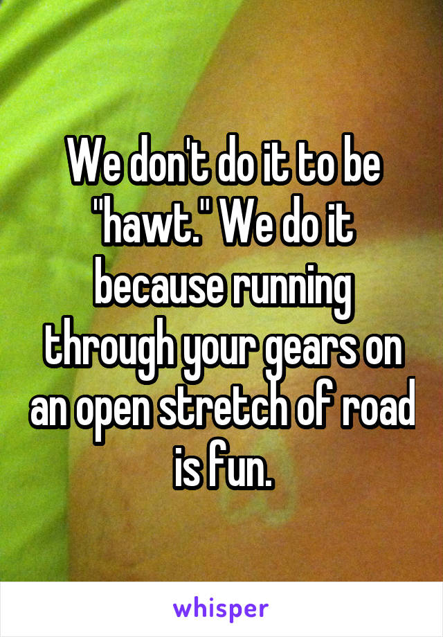 We don't do it to be "hawt." We do it because running through your gears on an open stretch of road is fun.