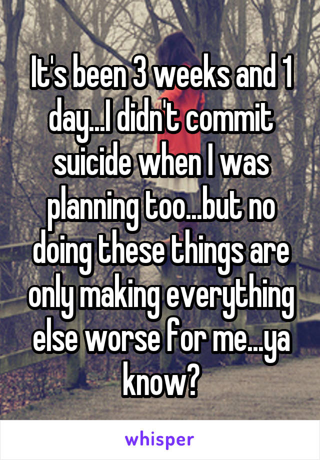 It's been 3 weeks and 1 day...I didn't commit suicide when I was planning too...but no doing these things are only making everything else worse for me...ya know?
