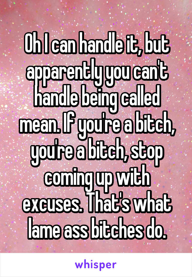 Oh I can handle it, but apparently you can't handle being called mean. If you're a bitch, you're a bitch, stop coming up with excuses. That's what lame ass bitches do.