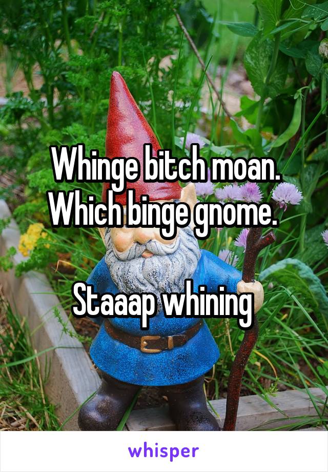 Whinge bitch moan. Which binge gnome. 

Staaap whining 