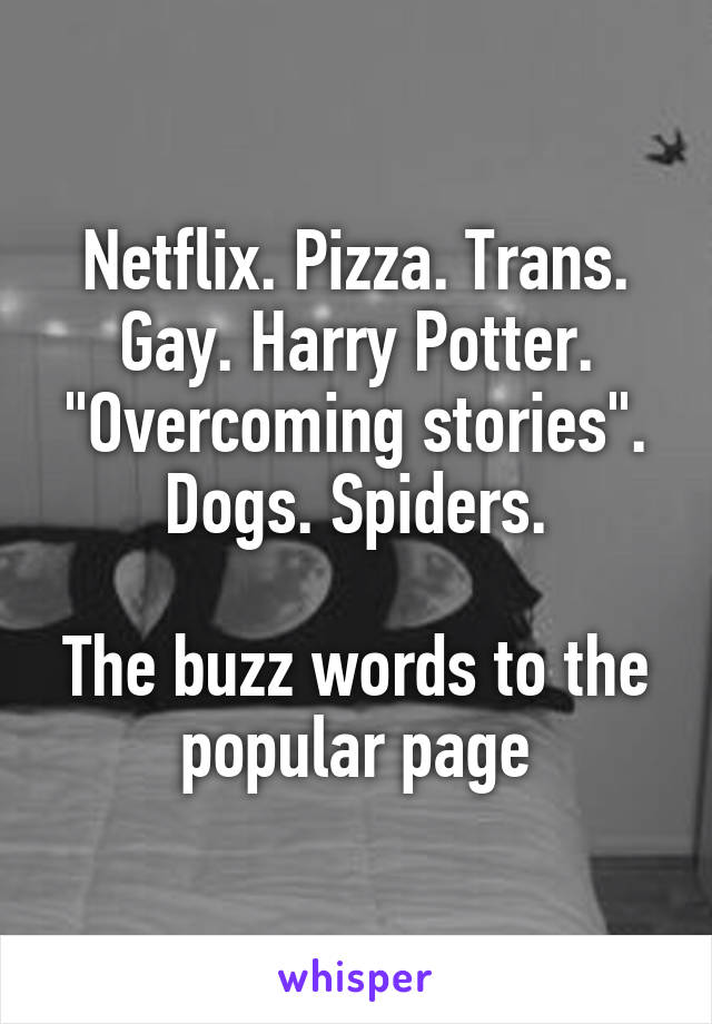 Netflix. Pizza. Trans. Gay. Harry Potter. "Overcoming stories". Dogs. Spiders.

The buzz words to the popular page