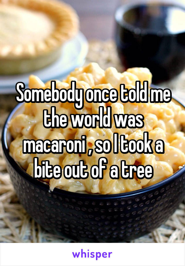 Somebody once told me the world was macaroni , so I took a bite out of a tree