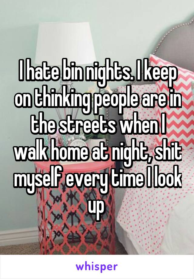 I hate bin nights. I keep on thinking people are in the streets when I walk home at night, shit myself every time I look up 