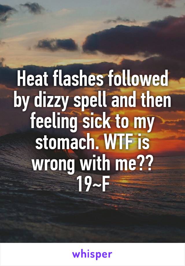 Heat flashes followed by dizzy spell and then feeling sick to my stomach. WTF is wrong with me??
19~F