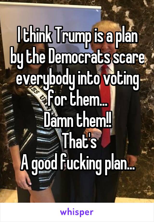 I think Trump is a plan by the Democrats scare everybody into voting for them...
Damn them!!
 That's
A good fucking plan...
