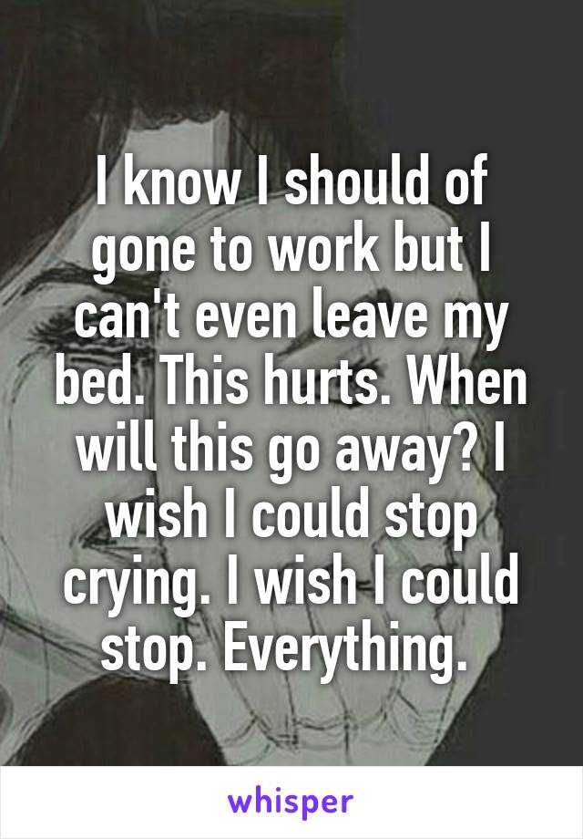 I know I should of gone to work but I can't even leave my bed. This hurts. When will this go away? I wish I could stop crying. I wish I could stop. Everything. 