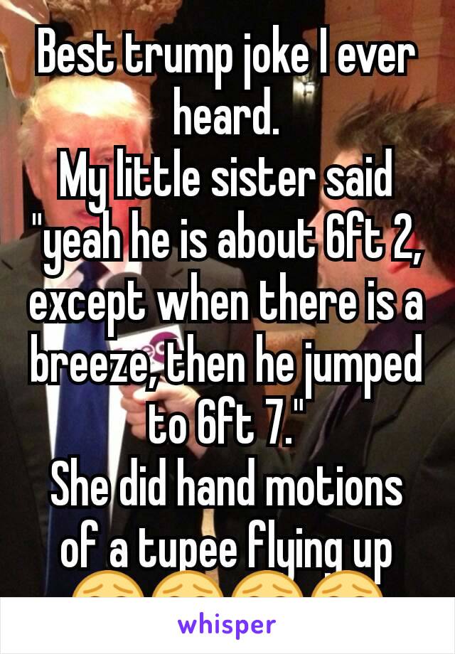 Best trump joke I ever heard.
My little sister said "yeah he is about 6ft 2, except when there is a breeze, then he jumped to 6ft 7."
She did hand motions of a tupee flying up 😂😂😂😂